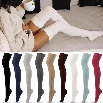 1 Чифт Едноцветни Високи Чорапи, Памучни Универсални Възли Топли Дамски Дълги Чорапи, Японски Чорапогащи Над Коляното, Гамаши