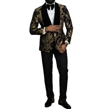 2 парчета черен жакард с цветен модел абитуриентски мъжки костюми slim fit с бархатную Шал на ревера на сватбата младоженецът смокинг мъжки модни дрехи