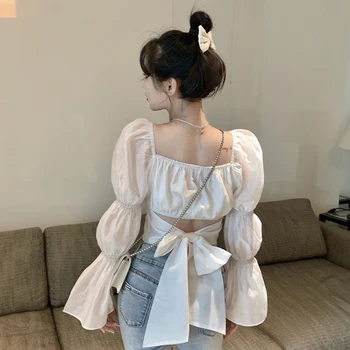 2021 Нови есенни елегантни и ежедневни дамски блузи с дълъг ръкав и лък на гърба, реколта корейски модни сладки ризи с яки квадратни