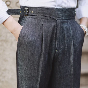 2022 Модерен мъжки панталони с висока талия, прави панталони, мъжки пролетни бизнес панталони с колан, джентльменские панталони с парижскими бутони