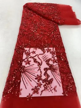 2023 висок Клас френски тюл, искрящи червени пайети, дамски дрехи, за шиене на сватба парти, на 5 ярда от цветна дантела плат с мъниста