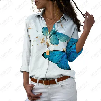 2023 Дамска риза с дълъг ръкав, плюс размера на отложной яка, всекидневни топ, елегантен, 5XL, пролет-есен, с 3D принтом пеперуда и цвете