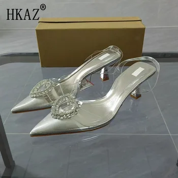 2023 Нови дамски сандали на тънък ток, с кристали и остри пръсти, прозрачни сребристи сандали от PVC