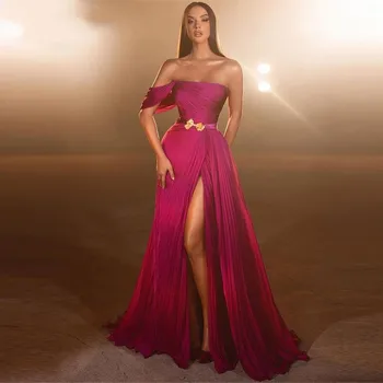 2023 Секси вечерна рокля цвят фуксия с открити рамене, шифоновое рокля с драпировкой на една бретельке, рокля за бала с дължина до пода с висока цепка