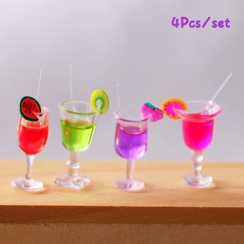 4шт Миниатюрен куклена къща 1: 6, модел чаши за плодови коктейли, кухненски принадлежности за декор куклена къща, детски играчки за ролеви игри