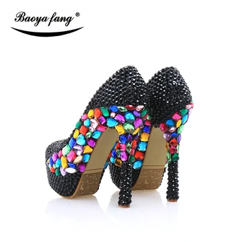 BaoYaFang/женски сватбени обувки от естествена кожа на платформа, черни вечерни модела обувки са ръчно изработени с кристали, дамски обувки на висок ток