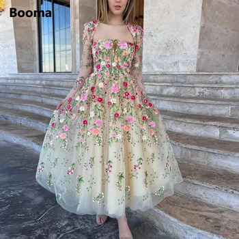 Booma, дантелени рокли миди с цветна бродерия, рокли за абитуриентски бал в стил кралица Ана, сватбени рокли трапецовидна форма, с дълги ръкави с дължина до чай, открита на въртене