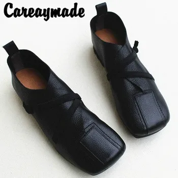 Careaymade - Дамски обувки от естествена кожа с квадратна чучур и меки подметки, Оригинален Моден Случайни Тънък обувки изработени Ръчно от телешка кожа с горния слой на