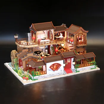 Diy Wooden Куклена Къща Миниатюрни Строителни Комплекти Китайски Древен Градски Куклена Къща С Мебели Леки Играчки Casa За Момичета Подаръци
