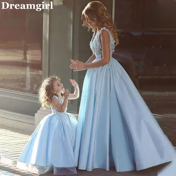 Dreamgirl Скай-сини рокли с цветя модел за момичета и вечерни рокли, бална рокля с аппликацией, рокли за родителите, рокля за майки и дъщери, трапециевидная гънка