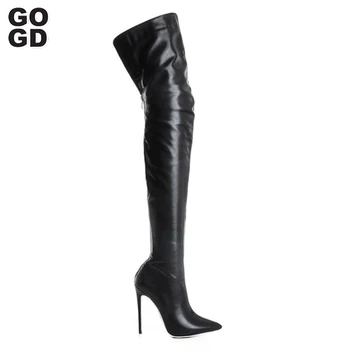 GOGD/Новост 2023 г.; дамски модни ботфорты над коляното на висок ток с остър пръсти; обувки на висок ток; пикантни обувки за партита и нощен клуб; голям размер 43