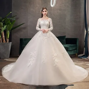 GUXQD Тюл с Дълъг ръкав дамски сватбени рокли с кръгло деколте Апликация Сватбени рокли дантела Vestido De Новия Abendkleider Robe Mariage