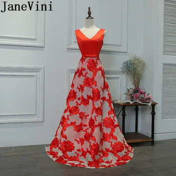 JaneVini Дълга червена рокля за бала, за сватбени партита, Елегантни вечерни рокли с V-образно деколте, от тъмно синя дантела, трапециевидные рокли на шаферките от тюл без ръкави