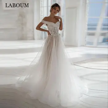 LaBoum Булчинска рокля с открити рамене за жените 2023, сексуална булчинска рокля с отворен гръб и копчета отзад, дантелени апликации, халат Mariée