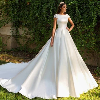 Msikoods/ съвременни сатен сватбени рокли трапецовидна форма 2023, сватбени рокли принцеса с къс ръкав и кръгло деколте, сватбена рокля с дантелен гръб, жена