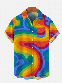 Rainbow Art креативна риза с къс ръкав и нагрудным джоб в розово ивица, хавайски ризи
