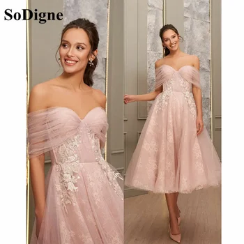 SoDigne Розови къси рокли за бала 2022 свързани с цветен модел, дамски елегантни рокли, корсети, чаена дължина, вечерна рокля за парти