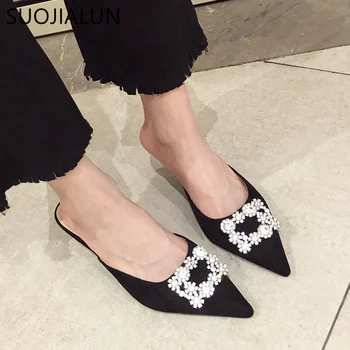 SUOJIALUN Soring, джапанки-джапанки на среден ток, дамски сандали с остри пръсти, необичаен стил, с украса във вид на кристали, дамски ежедневни обувки Sli
