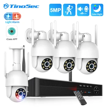 TinoSec 5MP Комплект за видеонаблюдение Червен Син Светлинен Сигнал Безжична Камера за Видеонаблюдение Набор от Системи за Безопасност Подкрепа Onvif NVR Записващо устройство Пълноцветни