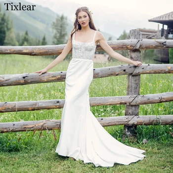 TIXLEAR Елегантни сватбени рокли за жени с квадратни деколтета, дантелени апликации, открита на въртене, сватбени рокли без ръкави, Vestidos De Новия