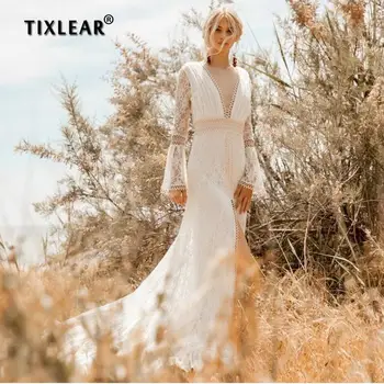 TIXLEAR Секси плажна рокля в стил бохо с V-образно деколте, отворена на гърба, дълъг расклешенным ръкав, богемное дантелено сватбена рокля с влак, сватбени рокли