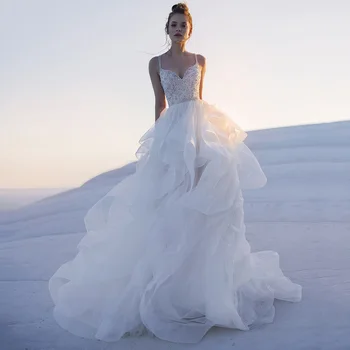 Vestidos de Noiva 2021 Скромни кристали Сватбена рокля с волани от мъниста Сватбени рокли Реколта луксозни рокли за булката Boho Bodas