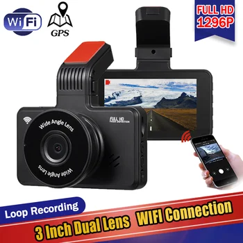 Автомобилен видеорекордер един dashcam 3-инчов IPS екран Wifi GPS FHD 1296P камера за наблюдение на паркинга, HDMI, Камера за задно виждане G-сензор авторегистратор