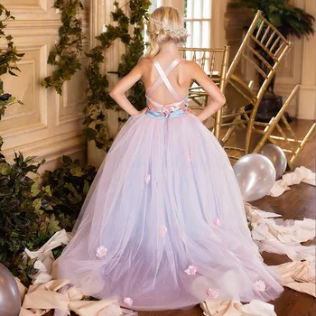 Бална рокля, рокля с цветя модел за момичета, сватбени рокли принцеса с тънки спагети презрамки, детско пиано представа, луксозно детско спектакъл