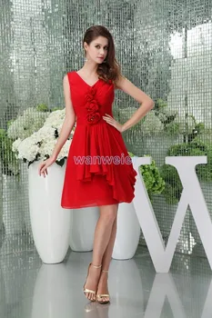 безплатна доставка 2016 нов горещ индивидуален размер кратко шифоновое сватбена рокля голям размер с къс ръкав ръчно изработени цветя са червени рокли на шаферките