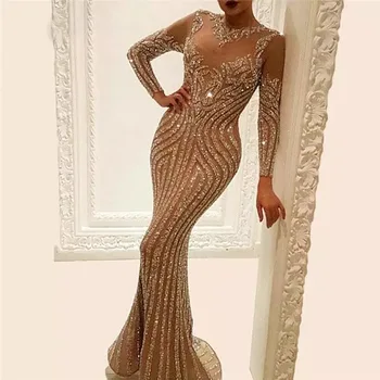 Блестящи вечерни рокли с дълъг ръкав 2021 Секси африкански дамски официални рокли от сребро с мъниста и пайети