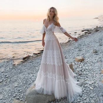 Богемные сватбени рокли 2020, дантелени апликации с открити рамене, сватбени рокли, секси плажна рокля трапецовидна форма с отворен гръб, Robe De Mariee