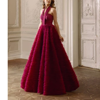 Бордовое бална рокля на принцеса с V-образно деколте, без ръкави, с отворен гръб, ламинирано плиссированное тюлевое женствена рокля за бала, модерни по поръчка