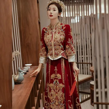 Булчинската рокля на булката на младоженеца ретро китайски велур пайети във бродерия Рокли, Облекло за наздравици Дългата секция