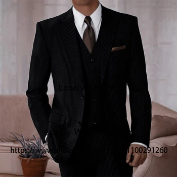 Вельветовый ретро мъжки костюми, официални бизнес блейзър и ревера, оборудвана случаен комплект от 3 теми, яке, жилетка, панталон, костюм Homme