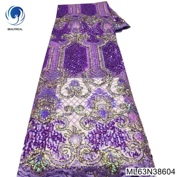 Висококачествена лейси плат с винтажным модел в африканския стил лилав цвят с пайети и френски тюлем от 100% полиестер за вечерта женски рокли ML63N386