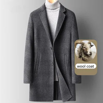 Вълна палто Мъжката есенно-зимна удебелена ветровка в клетката средна дължина, вълна палто, мъжки, сиви палта, мъжко яке, връхни дрехи