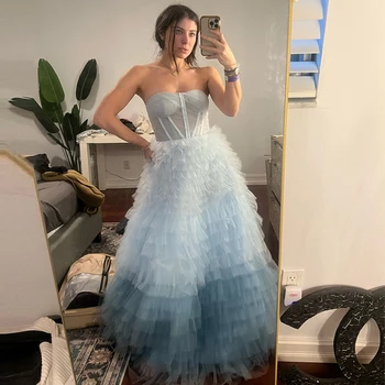 Градиентное синя рокля трапецовидна форма, без презрамки, с отворени рамене, сетчатое рокля за бала, секси вечерна рокля Vestidos
