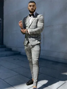 Грей мъжки костюм, 2 броя, сако, панталон, однобортный, с ревера, оборудвана, на райета, карета, сватбен костюм на младоженеца, изработена по поръчка, Homme