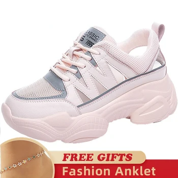 Дамски летни обувки от естествена кожа с въздушна мрежа 7 см, сандали на платформа и танкетке с мека подметка отстрани, модерни масивни дамски маратонки, обувки