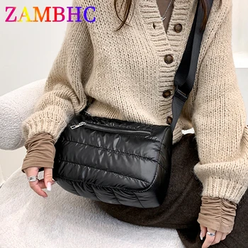 Дамски мека чанта от висококачествена перо от плат, торби през рамо, за жени 2021, зимни луксозни маркови чанти, дамски пътна чанта
