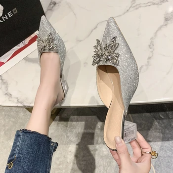 Дамски обувки Baotou / лято 2023, нов стил, сандали на дебел ток с кристали и лък, модни заострени обувки на висок ток с кристали, блестящи чехли