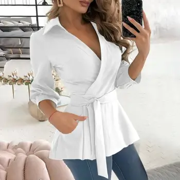 Дамски приталенная риза с геометричен принтом, дебнещ офис дамски ризи с джобове на колана, шикозни есенни блузи с V-образно деколте за жени