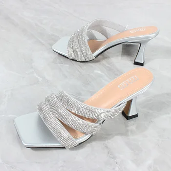 Дамски сандали на висок ток, ново лятото 2023, необичайни кристални сандали с отворени пръсти, модерни улични секси чехли, дамски обувки 7,5 см