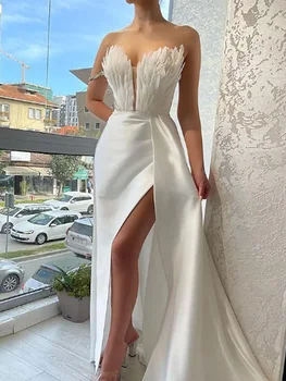 Дамски секси вечерна рокля с V-образно деколте и пера русалка, без ръкави, с дължина до пода, за младоженци, за сватбени тържества, за абитуриентски бал, безплатна доставка