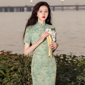 Дълъг двуслойни Чонсам 2023 Ново младо подобряване на темпераментное жаккардовое китайското рокля жените традиционно облекло Ципао
