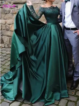 Елегантни мюсюлмански дантелени изумрудено-зелени вечерни рокли с дълги ръкави, атласное вечерна рокля с открити рамене, вечерна бална рокля
