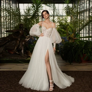 Елегантни сватбени рокли за спагети презрамки, ръкави, сватбени рокли, бродирани с мъниста, панделка, тюл, трапециевидное рокля Vestidos De Новия 2023