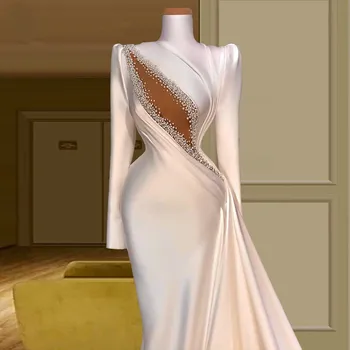 Елегантни сватбени рокли на русалка цвят слонова кост, с високо воротом от Дубай 2021, сексуална мюсюлмански булчински рокли с перли с дълъг ръкав, Vestidos De Noiva
