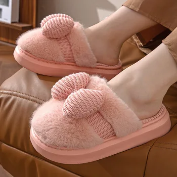 Есенно-зимни дамски памучни чехли с лък във формата на сърце за момичета, нови зимни домашни дебели плюшени топли нескользящие памучни чехли