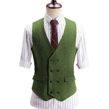 Жилетка за мъжки костюм Зелен, черен, сватба, вълна, туид, бизнес, всекидневни, с V-образно деколте, двубортные жилетки за младоженците 2022